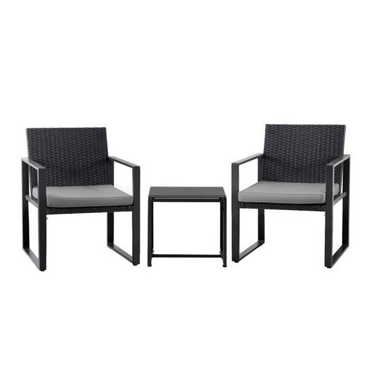 Gardeon 3PC Outdoor Bistro Set Patio Furniture Wicker Dining Chairs Table Cushion Black-0