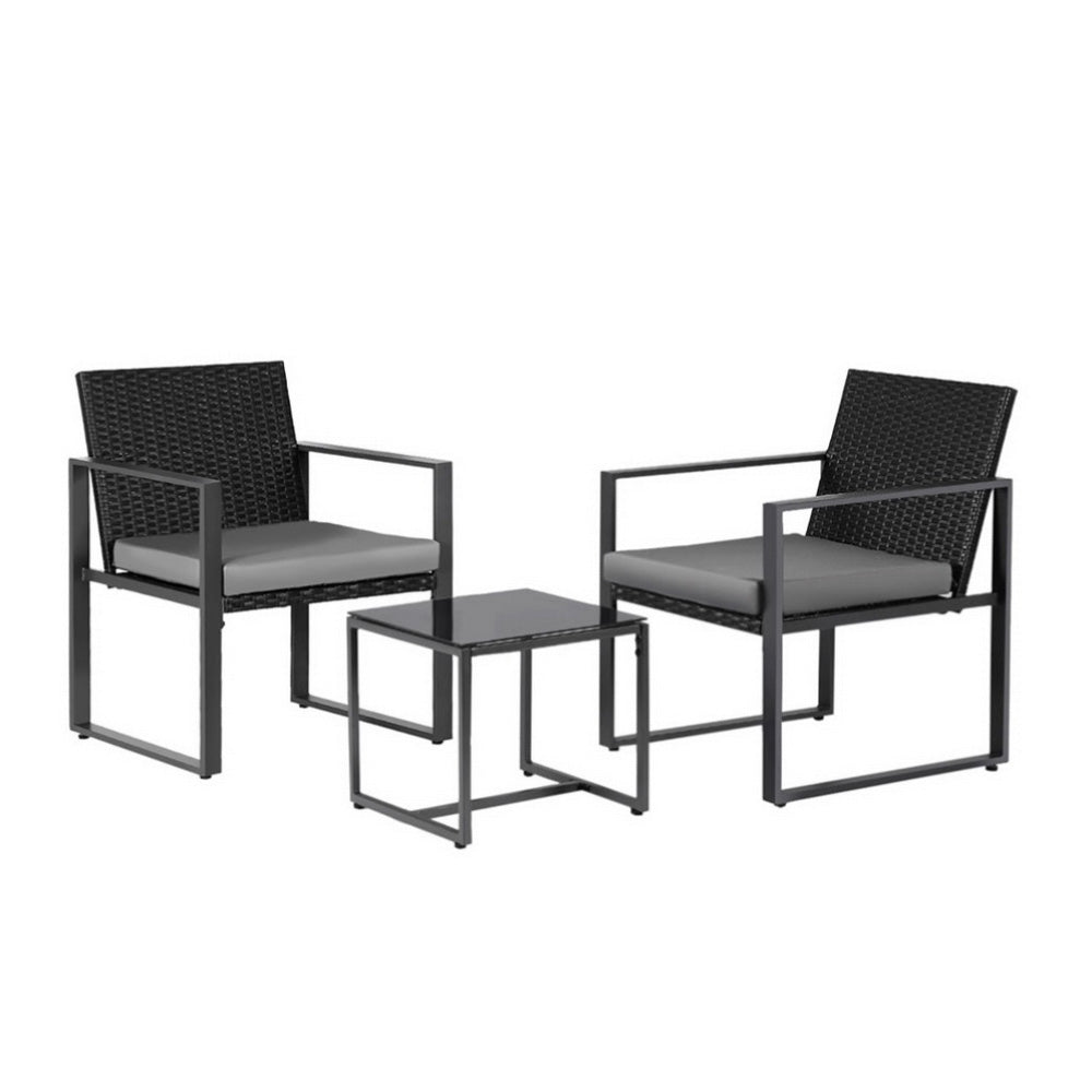 Gardeon 3PC Outdoor Bistro Set Patio Furniture Wicker Dining Chairs Table Cushion Black-2