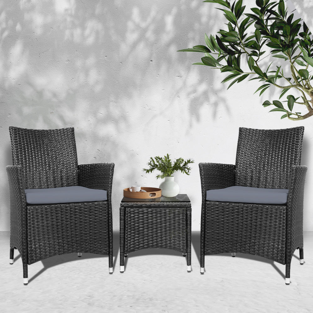 Gardeon 3PC Outdoor Bistro Set Patio Furniture Wicker Chairs Table Cushion All Black-0