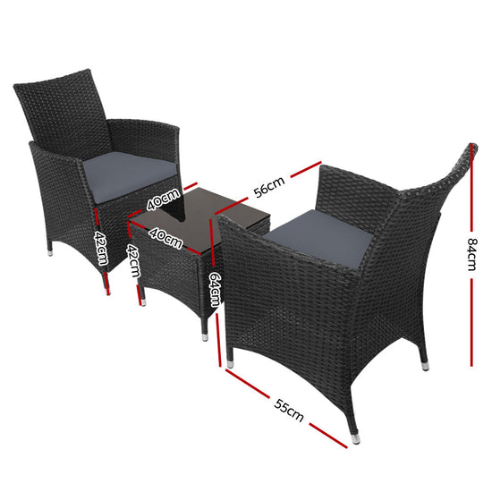 Gardeon 3PC Outdoor Bistro Set Patio Furniture Wicker Chairs Table Cushion All Black-1