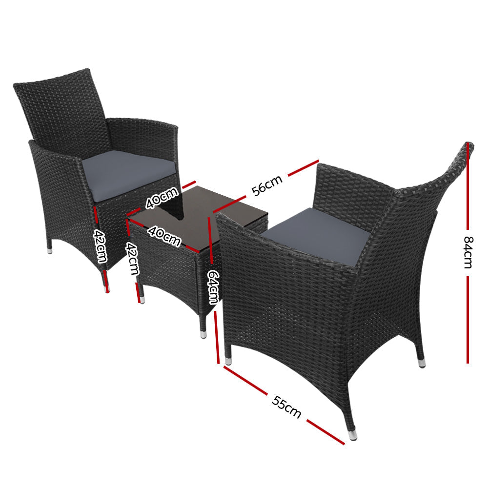 Gardeon 3PC Outdoor Bistro Set Patio Furniture Wicker Chairs Table Cushion All Black-1