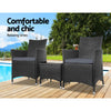 Gardeon 3PC Outdoor Bistro Set Patio Furniture Wicker Chairs Table Cushion All Black-2