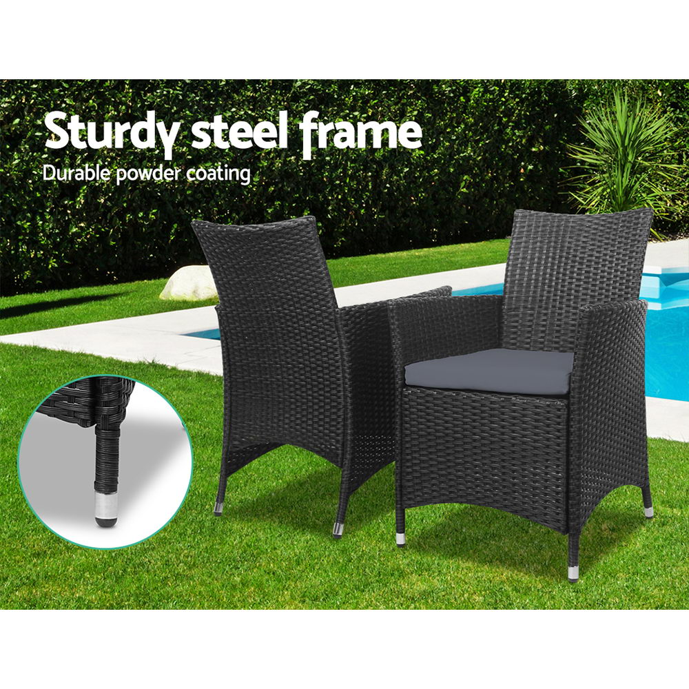 Gardeon 3PC Outdoor Bistro Set Patio Furniture Wicker Chairs Table Cushion All Black-3