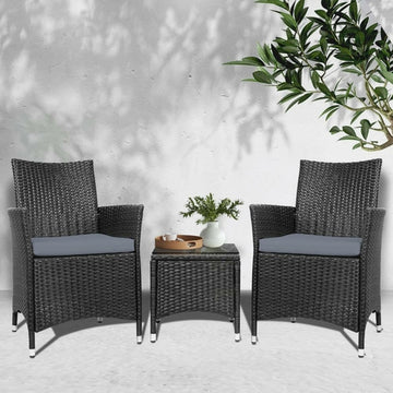 3-Piece Outdoor Bistro Set with PE Wicker Chairs & Glass-Top Table