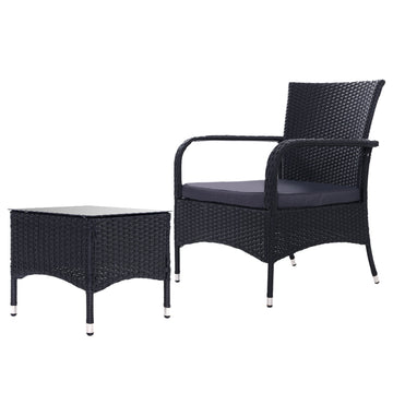 3-Piece Wicker Outdoor Conversation Set, Two Chairs & Glass Table