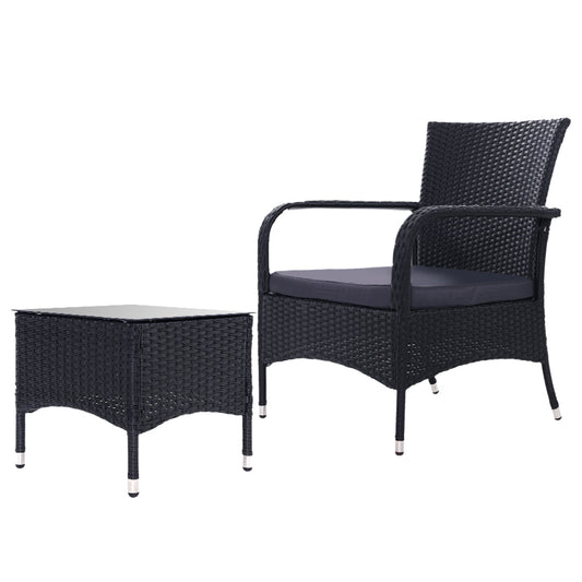 3-Piece Wicker Outdoor Conversation Set, Two Chairs & Glass Table