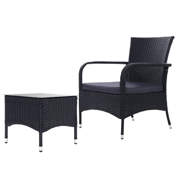 3-Piece Wicker Outdoor Conversation Set, Two Chairs & Glass Table