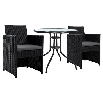 3-Piece Wicker Bistro Set with Glass-Top Table and Two Chairs