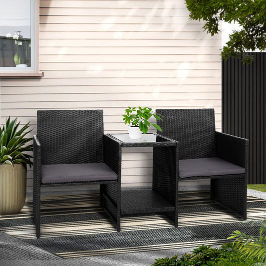 Gardeon Outdoor Setting Wicker Loveseat Birstro Set Patio Garden Furniture Black-0