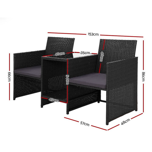 Gardeon Outdoor Setting Wicker Loveseat Birstro Set Patio Garden Furniture Black-1