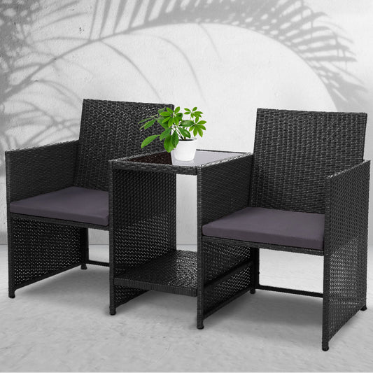 Black Wicker Tete-a-Tete Loveseat Set with Glass Table