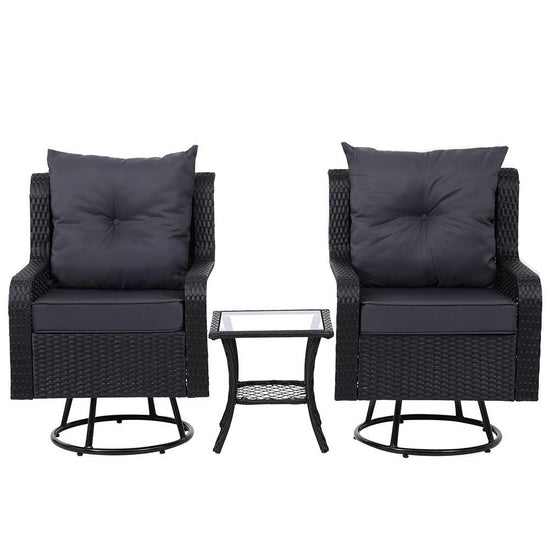 NNEDSZ Gardeon 3PC Outdoor Furniture Bistro Set Lounge Wicker Swivel Chairs Table Cushion Black-1