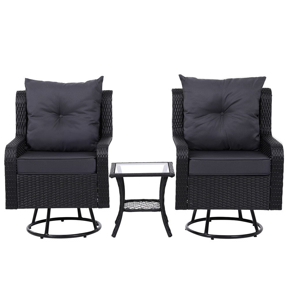 NNEDSZ Gardeon 3PC Outdoor Furniture Bistro Set Lounge Wicker Swivel Chairs Table Cushion Black-1