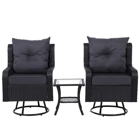 NNEDSZ Gardeon 3PC Outdoor Furniture Bistro Set Lounge Wicker Swivel Chairs Table Cushion Black-1