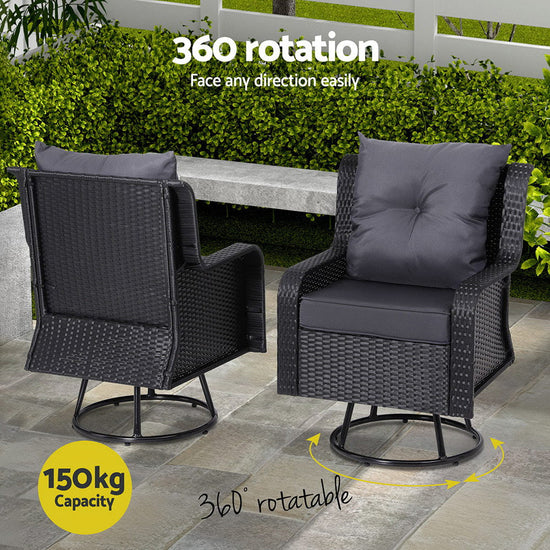 NNEDSZ Gardeon 3PC Outdoor Furniture Bistro Set Lounge Wicker Swivel Chairs Table Cushion Black-4