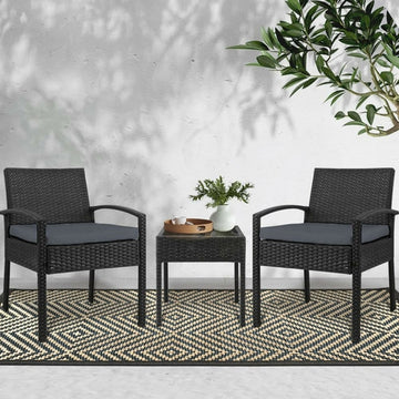 3-Piece Wicker Bistro Set with Cushions & Glass-Top Table