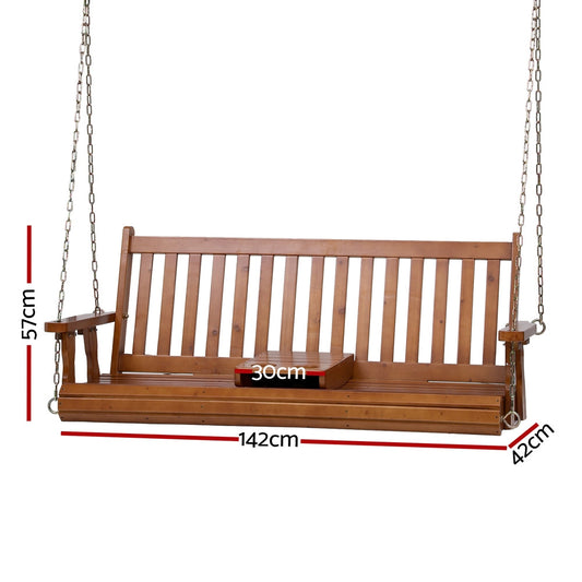 Outdoor Porch Swing Chair, 2-Seat Wooden Bench with Cup Holder