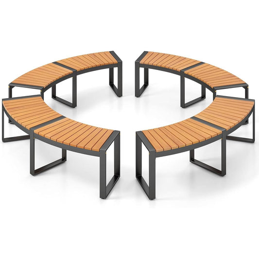 Set of 4 Curved Backless Outdoor Benches - Acacia Wood & Metal
