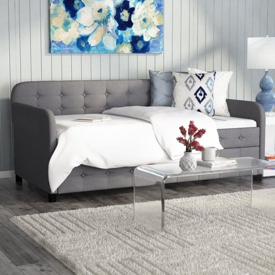 Gray Tufted Polyester Linen Twin Daybed with Trundle-1