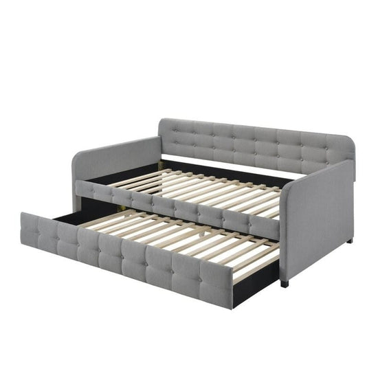 Gray Tufted Polyester Linen Twin Daybed with Trundle-2