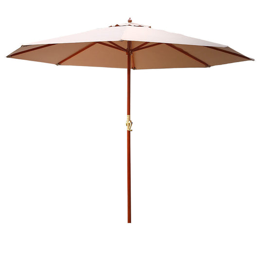 3m Outdoor Pole Umbrella with Crank and 8-Rib Wooden Frame, Beige