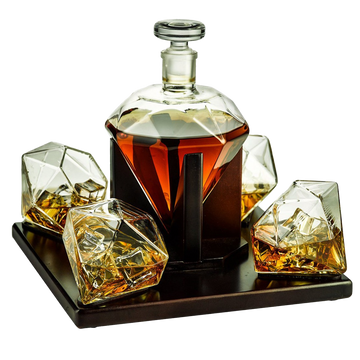 Diamond Decanter Set with Mahogany Base and Whiskey Glasses