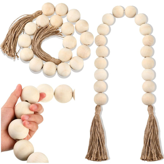 2 Pcs Large Wood Bead Garland with 1.57" Diameter Wood Beads and Tassel, Decorative Beads Boho Home Decor Long Oversized  (White)-0