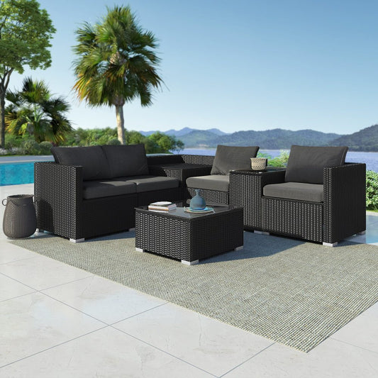 7-Piece Outdoor Wicker Loveseat Set with Storage Corner (Black)