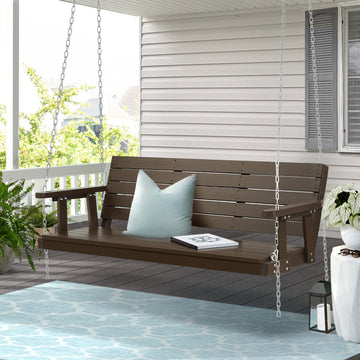 Wooden Porch Swing Chair with Chain, 3-Seater Outdoor Bench, Brown