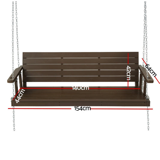 Wooden Porch Swing Chair with Chain, 3-Seater Outdoor Bench, Brown