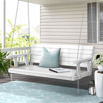 Wooden Porch Swing Chair with Chain, 3-Seater Bench, White