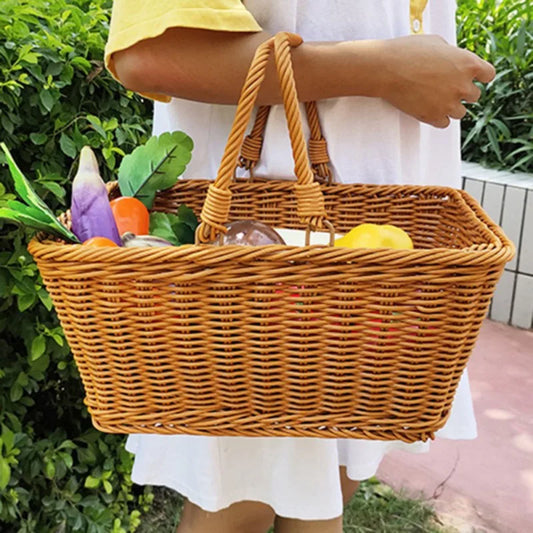 Handwoven Rattan Picnic Basket With Handle