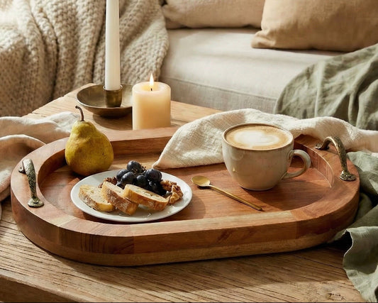 Wood Oval Serving Tray With Brass Handles