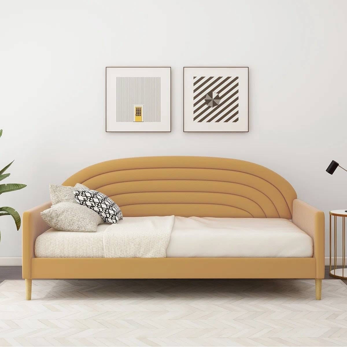 Twin size Mid-Century Modern Yellow Velvet Upholstered Daybed-1