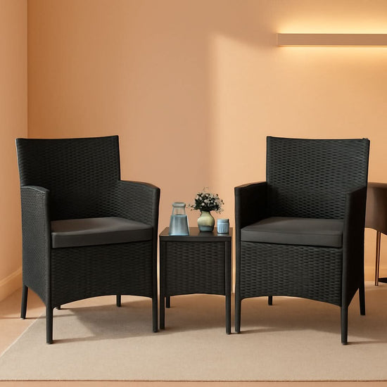 3 Piece Outdoor PE Rattan Wicker Patio Furniture Set With Soft Cushions And Glass Coffee Table-0