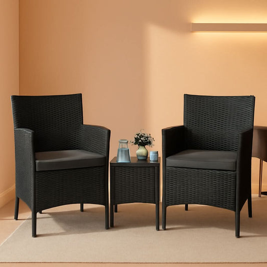 3 Piece Outdoor PE Rattan Wicker Patio Furniture Set With Soft Cushions And Glass Coffee Table-0