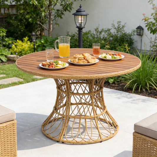 Durable Outdoor Dining Table - Round Acacia Wood Top & Wicker Base, Teak Finish Patio Table For 4 - 6, Garden Outdoor Furniture  Compatible With Matching Chairs