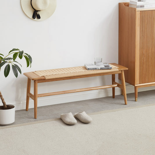 Woven Oak Dining Bench with Handwoven Cane Seat