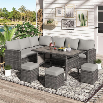 7 Piece Outdoor Patio Sectional Set All Weather Wicker Grey Cushions