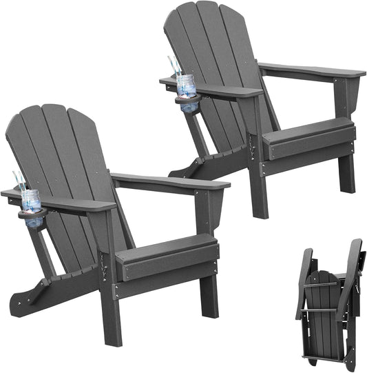 HDPE Folding Adirondack Chairs with Cup Holders, Set of 2 — Gray