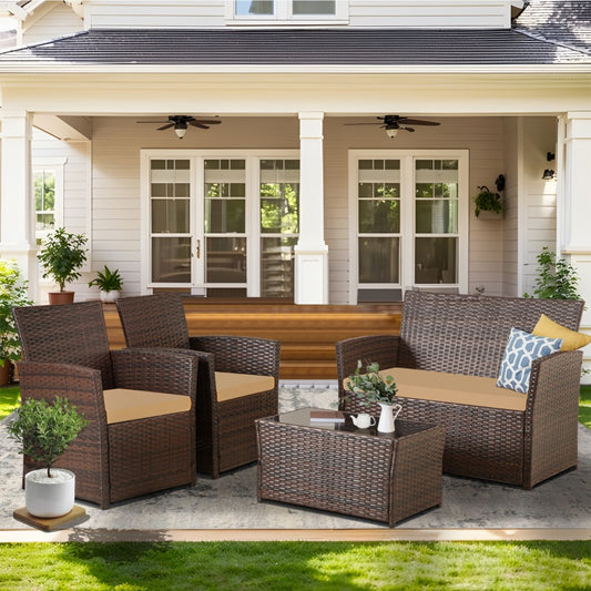 Rattan 4-Piece Bistro Conversation Set with Cushions