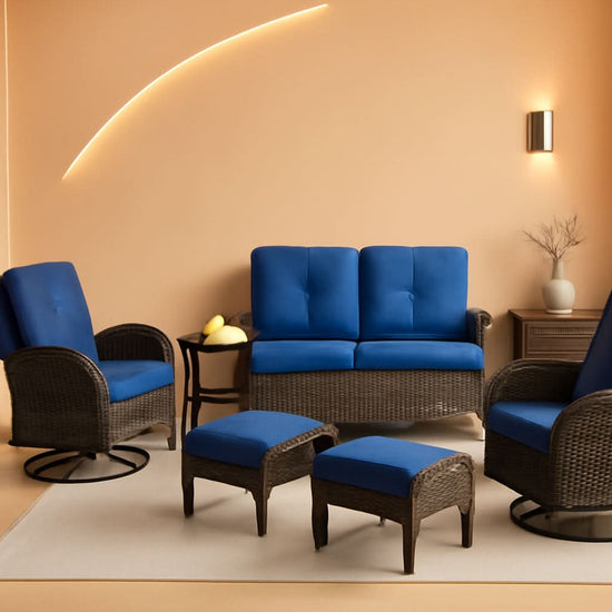 6 Piece Patio Conversation Set Brown Wicker Blue Cushions-0