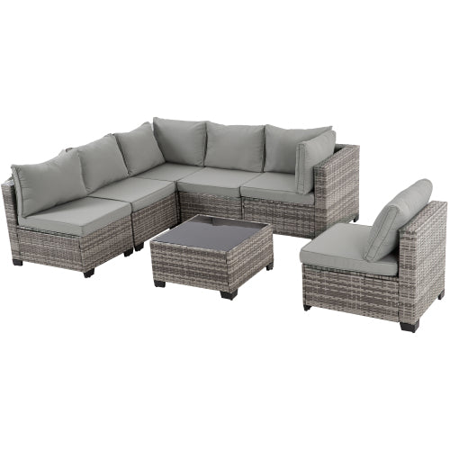 7-Piece Outdoor Wicker Sectional Sofa Set with Glass Table