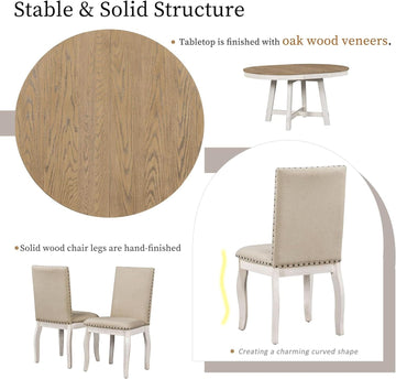 Farmhouse Round Extendable Dining Set, Oak Finish, Upholstered Chairs