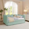 Cozy Gingham Daybed with Trundle Twin Size Sofa Bed in Cyan Linen