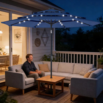 9.7 ft Solar LED Patio Umbrella, Navy Blue (Base Not Included)