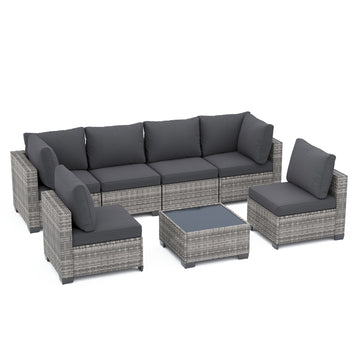 7-Piece Modular Wicker Sectional Set with Glass Table