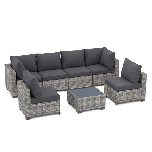 7-Piece Modular Wicker Sectional Set with Glass Table