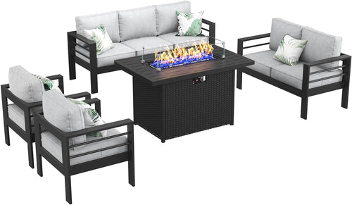 Aluminum 5 Piece Patio Set with 55,000 BTU Fire Pit Table