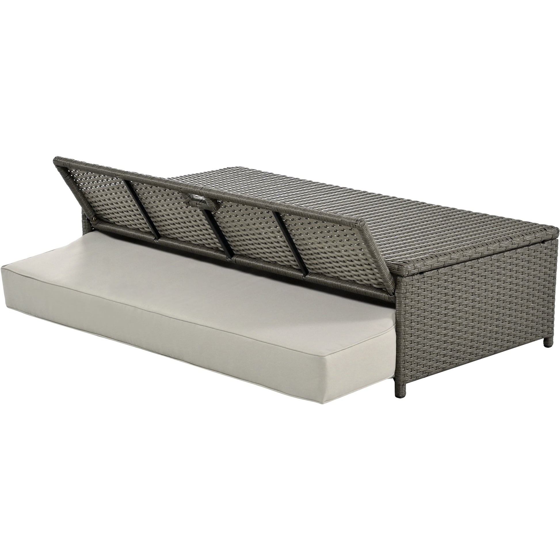 Wicker Double Chaise Lounge — two-person reclining wicker loungers with cushions and middle table